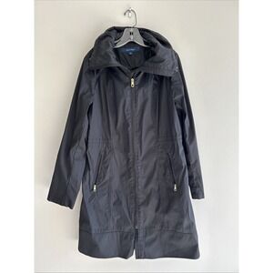 Cole Haan New York Black Rain Trench Coat Hooded Zip Women's Size M Packable